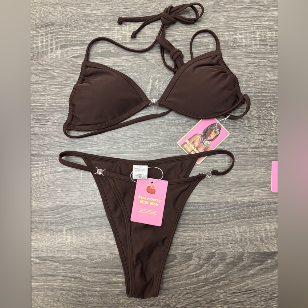 Strawberry Milk Mob Brown Juno Bikini Set - M Top, S Bottoms